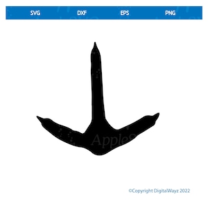 May include: Black silhouette of a bird's footprint, resembling a three-toed track with a central toe pointing forward and two side toes pointing backward. The footprint is isolated on a white background.