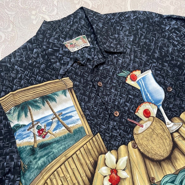 VINTAGE Tori Richard Hawaiian Button Up Short Sleeve | Size Medium | Hammock Man Tikki Hut Pina Colada Novelty Print Gift Tropical