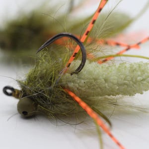May include: A close-up of a green and orange fly fishing lure with a white foam body and a green and brown feather head.