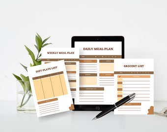 Meal Planner Printable, Daily Food Journal, Grocery List, Meal Prep Planner, Food Diary, Meal Tracker.