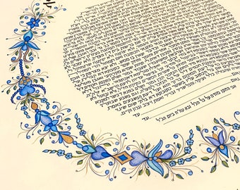 Blue Ketubah, Circular - One of a Kind, Handmade Ketubah, High Quality Parchment, Handmade Calligraphy, For All Jewish Wedding Ceremonies