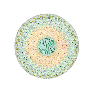 May include: A circular mandala design with a green center featuring Hebrew text. The mandala is made up of concentric circles of yellow, orange, red, blue, and green, with each circle containing Hebrew text.
