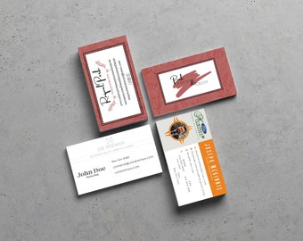 May include: A collection of business cards with various designs and layouts. One card features the name "Raquel Park" with social media handles. Another card displays "Park Designs & Decor." A third card shows "John Doe" and contact information. The last card has a photo and contact details.