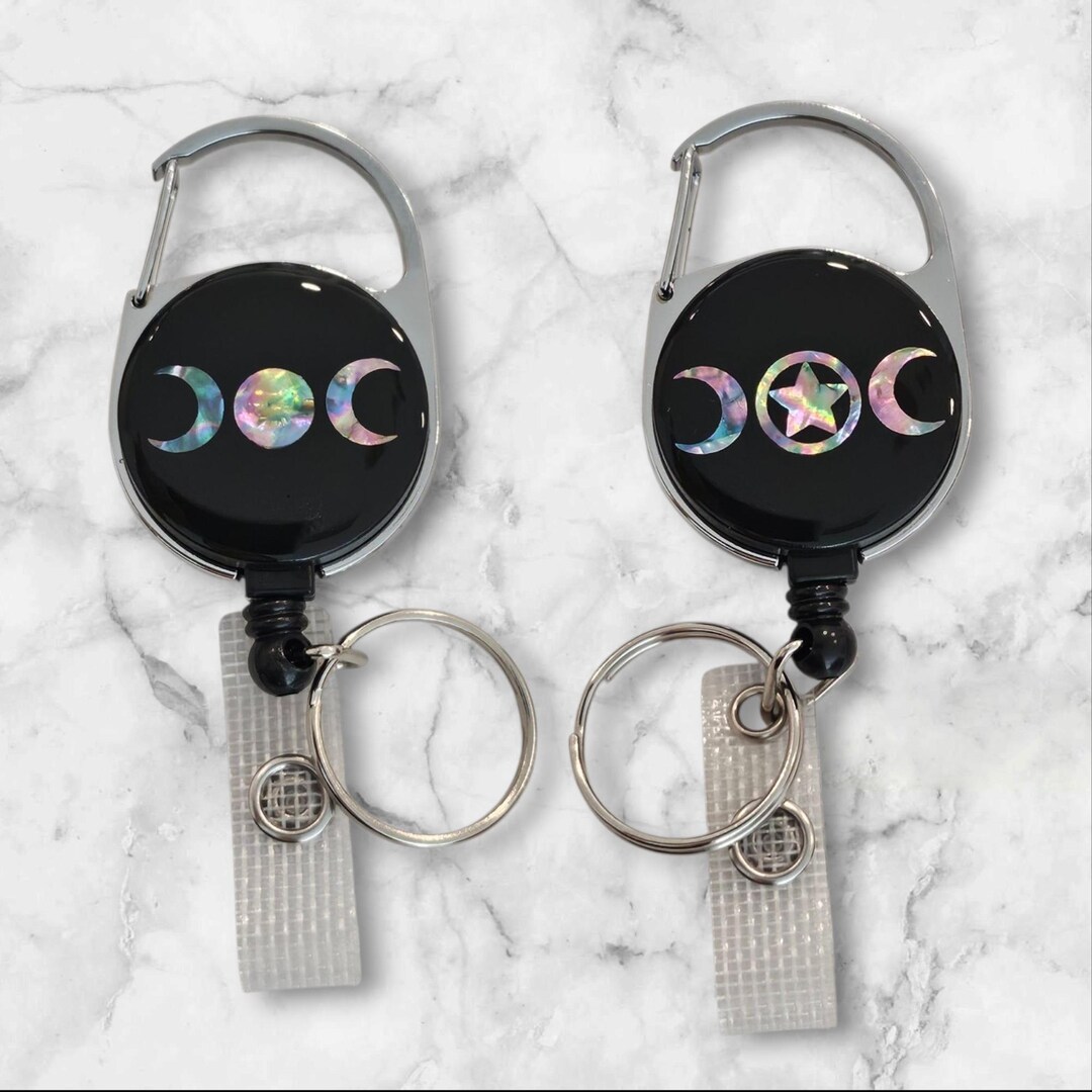 Mother of Pearl Moon Phase Badge Reel/ Handmade Witchy Retractable ID ...
