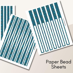 May include: Three printable sheets of paper bead patterns. Each sheet features a repeating pattern of blue, green and white geometric shapes. The sheets are designed for crafting paper beads.
