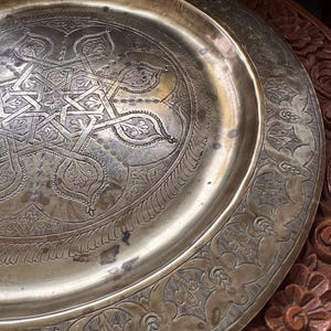 Vintage Large Indian Brass Plate 40 cm | Hand Carved Solid Brass Tray | Boho Home Decor | Witchcraft Altar Plate | Asian Brass Collectible image 6