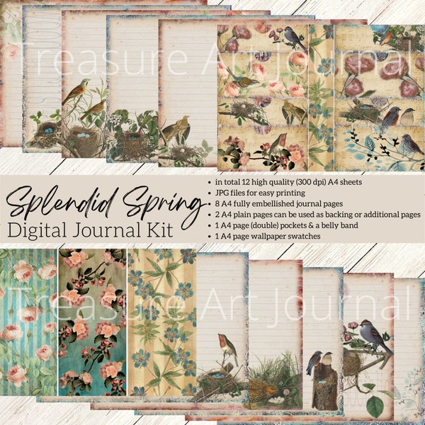 SPLENDID SPRING - Digital Journal Kit, descarga instantánea. Páginas de revistas imprimibles para Art & Junk Journal, Vintage Images, Spring, Bird, Nest