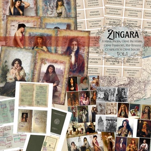 Op de afbeelding: Een digitaal collageblad getiteld ZINGARA Journal Pages, Gypsy Proverbs, Gypsy Passport, Map Rumania Compilation Gypsy Images Vol.1, met diverse portretten van personen, vintage paspoortpagina's, kaarten en gedrukte spreekwoorden.