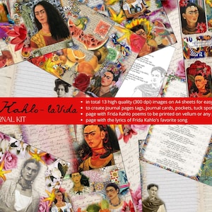 Könnte beinhalten: Ein digitales Journal-Kit mit Bildern von Frida Kahlo, Blumen und handschriftlichem Text. Das Kit enthält 13 hochwertige Bilder auf A4-Blättern zum einfachen Ausdrucken. Der Text auf dem Bild lautet "Frida Kahlo - la Vida" und "Digitales Journal-Kit".