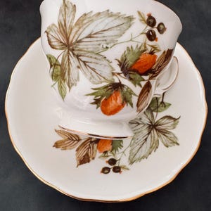 Vintage Royal Vale Bone China Teacup and Saucer, Pattern 8318, English Tea Cup Set, Autumn Leaves, Orange Flowers Buds & Purple Berries
