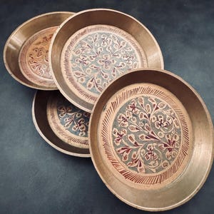 Vintage Indian Brass Altar Bowl – Handcarved Decorative Dish with Blue Red Yellow Inlay Details for Crystals, Herbs and Sacred Objects