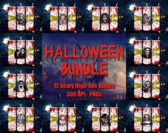 horror tumbler, 20 oz Skinny Tumbler Sublimation Design , 12 in 1 bundle of tumbler wrap png, Serial Killers halloween digital download 2023