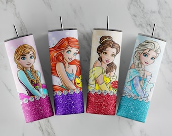 Princess tumbler designs |  4 princess Tumbler Wrap bundle | Digital File 20z skinny tumbler Sublimation | Digital Download | PNG | glitter