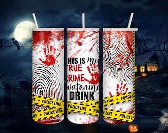 SEAMLESS This is my true crime watching drink 20oz skinny Tumbler Wrap Sublimation Designs yellow tape Halloween Blood PNG Designs Downloads