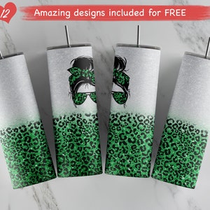 Messy bun Glitter leopard print  design for 20oz Straight/ Tapered Tumbler Template for Sublimation - Full Tumbler Wrap - Green & Silver
