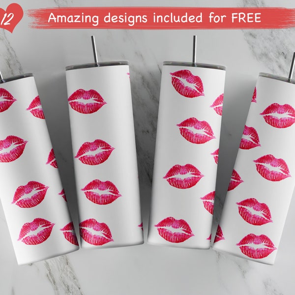 Pink lip kisses Valentines tumbler design Template for Sublimation | 20oz skinny tumbler | Add your name tumbler Digital Download waterslide