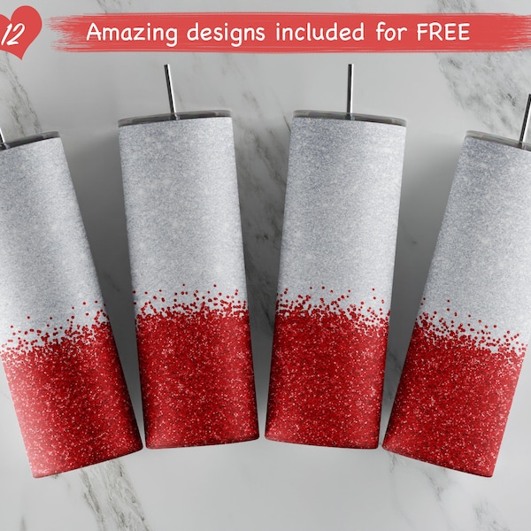 Silver Red Glitter Confetti design for 20oz skinny Tumbler Template for Sublimation - Full Tumbler Wrap - Tumbler PNG  digital Download