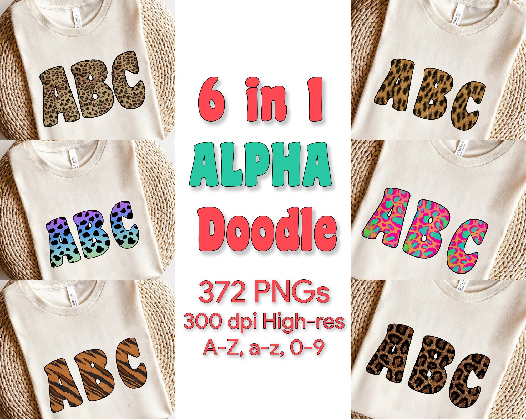 set of 6 Leopard Print Alphabet Letters PNG Bundle, Leopard Print Animal Print, Alphabet & numbers png, Sublimation Alpha Set Designs PNG