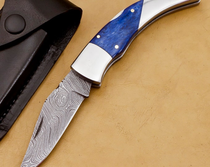 personalized 8" handmade Damascus pocket knife Blue Lagoon Folding Knife custom Knife Hande made USA Made with leather sheath