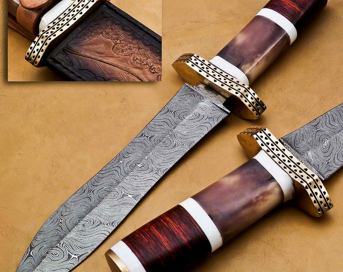 14" personalized Python High End Handmade Damascus Steel Mosaic Bowie Knife Hunting Knife 9 inches Blade with handle leather sheath