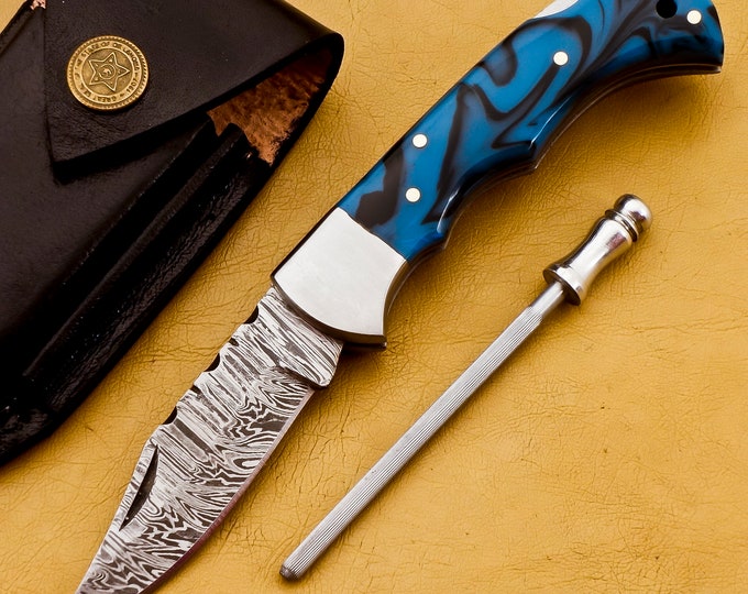 Damascus Pocket Folding Knife, Custom Pocket Fold Knife, Groomsmen gifts Anniversary Gift Authentic Damascus Steel Blade Gift for him SP-002
