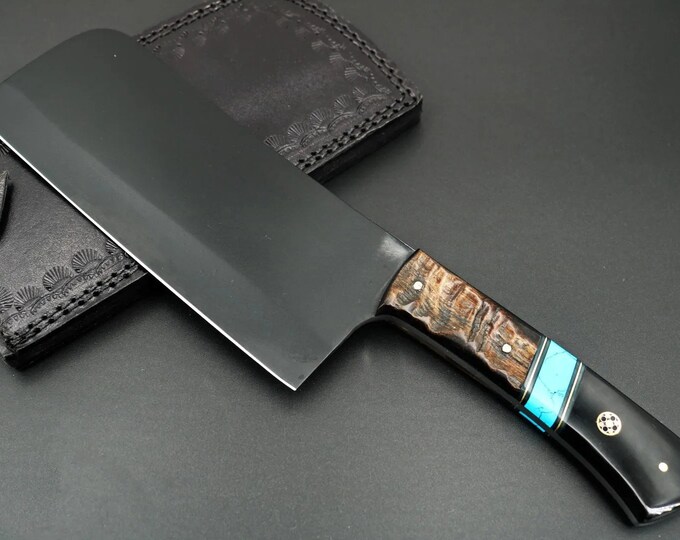 Black Panther 12 Inches Long 7 Inches Blade 18 Ounce 440c stainless steel Black Coated Chef Cleaver Knife Hand Made