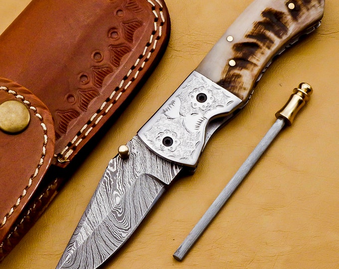 Handmade Damascus Hunting knife 100% Handmade Handle Ram Horn with leather Sheath