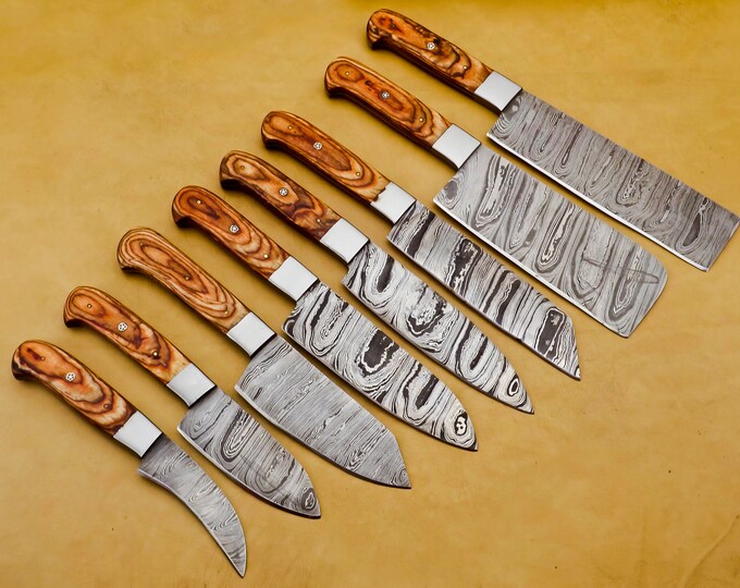 8 Pc Damascus Chef Knife Vintage Knife Forged Steel Knife Perfect Gift Handcrafted Kitchen Assortment Anniversary set with Leather Sheath