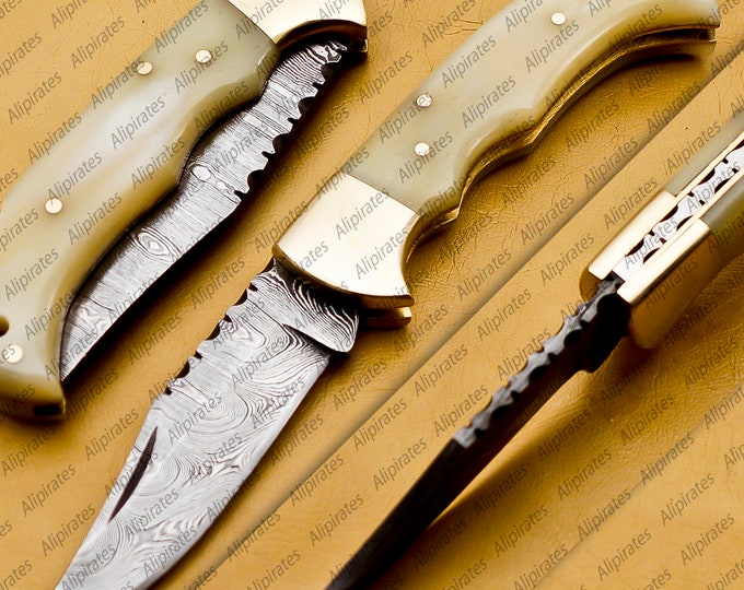 personalize Damascus Knife BONE handle Custom Pocket Fold Knife Groomsmen gifts Anniversary Gift Authentic Damascus Steel Blade Gift