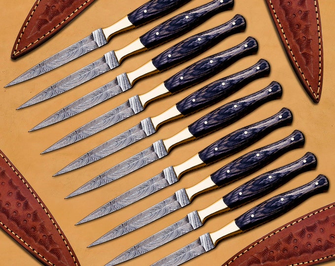Pack of 10 Set for Groomsmen Custom Hand Made Damascus Hunter Knife Damascus Steel Boot Throwing Dagger Hunting Handle Wood W Lather Cover