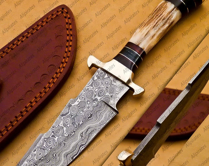 Personalized 10" inch Handmade Damascus Steel Hunting knife Handle Deer Antler The Handle Color and Gard shape with rod and leather