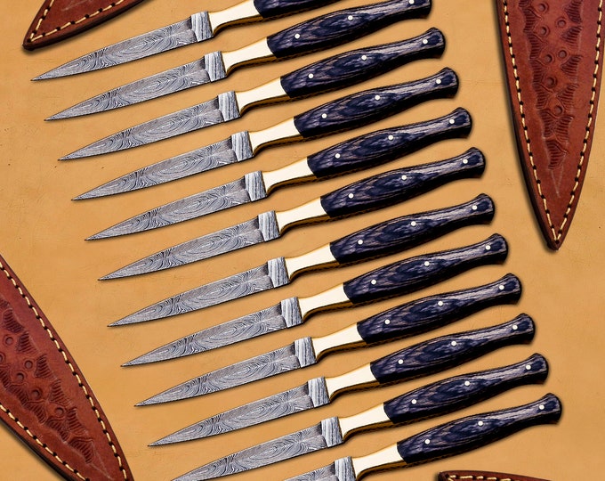 Pack of 12 Set for Groomsmen Custom Hand Made Damascus Hunter Knife Damascus Steel Boot Throwing Dagger Hunting Handle Wood W Lather Cover