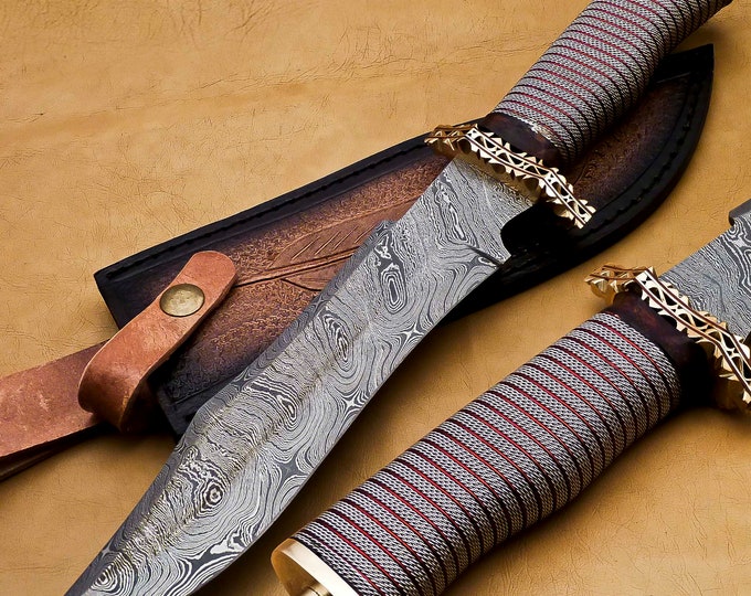 16" personalized Python High End Handmade Damascus Steel Mosaic Bowie Knife Hunting Knife 9 inches Blade with handle leather sheath