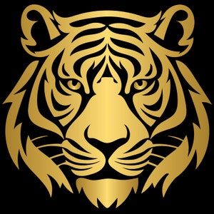 May include: A gold stylized illustration of a tiger's face with black background.