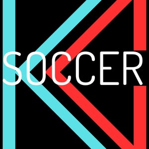May include: A graphic design featuring the word "SOCCER" in white text with a stylized letter "K" formed by overlapping red and blue lines.