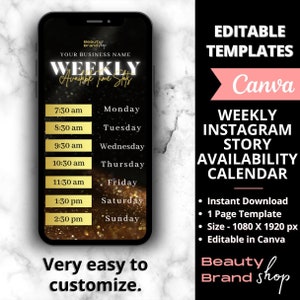 Weekly Availability Calendar Instagram Story, Gold Available Appointments Calendar, Instagram Story Schedule Templates, Beauty Spa Templates