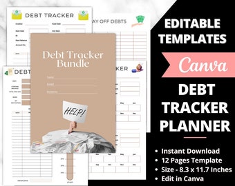 May include: A digital printable debt tracker planner bundle with 12 pages. The cover features a brown background with a cartoon illustration of a person holding a sign that says "HELP!" and a pile of crumpled paper. The text "Debt Tracker Bundle" is in a white box at the top of the cover. The text "Editable Templates Canva" is in a pink box at the top right of the image. The text "Debt Tracker Planner" is in a white box at the bottom right of the image. The text "Very easy to customize" is at the bottom left of the image. The text "Beauty Brand Shop" is at the bottom right of the image.
