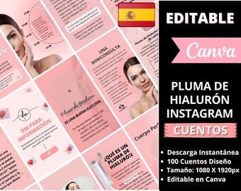 May include: A pink and white graphic design template for social media featuring a collection of images and text about hyaluronic acid lip injections. The text includes "Hyaluronic Pen", "DM for Information", "Una Miniconsulta", "Es Una Buena Eleccion", "Que Es Un Pluma de Hialuron", "Pluma de Hialuron Instagram Cuentos", "Editable Canva", "Beauty Brand Shop", and "Muy facil de personalizar".