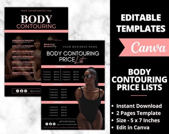 Body Contouring Pricelist Postcard, Body Sculpting Price Lists, Fat Cavitation, Skin Tightening, Radio Frequency, Digital Template Pricelist