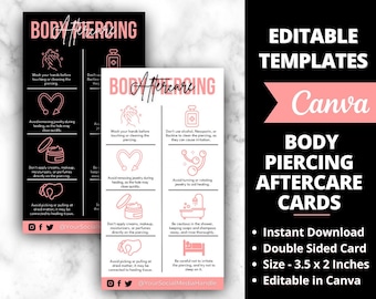 Body Piercing Aftercare Card, Body Piercing Care Card, Piercing After Care Card, Body Piercing Aftercare Template, Editable Care Card