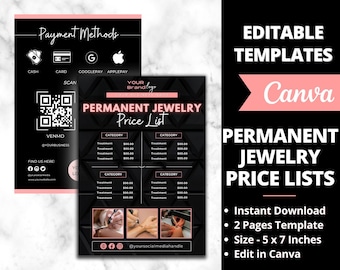Listas de precios de joyería permanente editables, plantilla de diseño de lista de precios imprimible, negocio de joyería permanente, formularios y folletos de joyería permanente