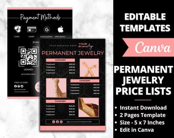 Listas de precios de joyería permanente editables, plantilla de diseño de lista de precios imprimible, negocio de joyería permanente, formularios y folletos de joyería permanente