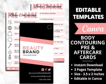 May include: Editable Canva templates for body contouring pre and aftercare cards. The template features a pink and black color scheme with the text "Beauty Brand" and a place for your shop name. The cards are 3.5 inches by 2 inches.