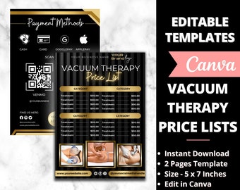 Puede incluir: Plantilla editable de Canva para una lista de precios de terapia de vacío. La plantilla presenta un esquema de color negro y dorado con un fondo a rayas. Incluye una sección para métodos de pago, un código QR y una lista de precios para diferentes tratamientos. La plantilla tiene un tamaño de 5 x 7 pulgadas e incluye una sección para el nombre y el logotipo de tu negocio.