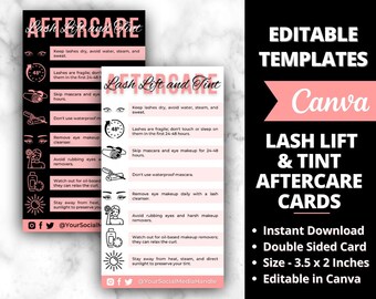 Lash Lift Aftercare Card Template, Editable Eyelash Care Guide, Lash Tint & Curl Care Instructions, Lash Lift After Care Card, Business Card