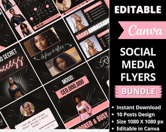 May include: A set of 10 social media flyers for a beauty brand. The flyers are pink and black with a gold glitter effect. The flyers feature images of women and text that says "CEO,000,000", "Booked & Busy", and "Ask me anything about being a boss babe?"