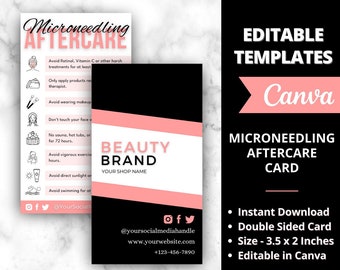May include: A pink and black printable card template for microneedling aftercare instructions. The card features a beauty brand logo with the text "Beauty Brand" and a space for your shop name. The card also includes social media icons and contact information. The text on the card reads "Microneedling Aftercare Card" and includes a list of aftercare instructions. The card is editable in Canva and is 3.5 x 2 inches.