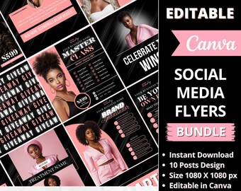May include: A bundle of editable Canva social media flyers with a black and pink color scheme. The flyers feature images of women and text such as "Giveaway", "Master Class", and "Brand Ambassador". The bundle includes 10 designs, instant download, and is 1080 x 1080 px.