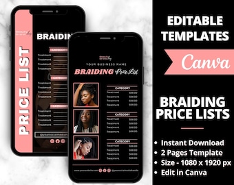 Może przedstawiać: Dwa smartfony wyświetlające czarno-różowy szablon cennika warkoczy. Szablon zawiera tekst "BRAIDING Price List" i "Beauty Brand Shop". Projekt jest łatwy do dostosowania.