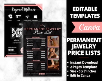 Listas de precios de joyería permanente editables, plantilla de diseño de lista de precios imprimible, negocio de joyería permanente, formularios y folletos de joyería permanente